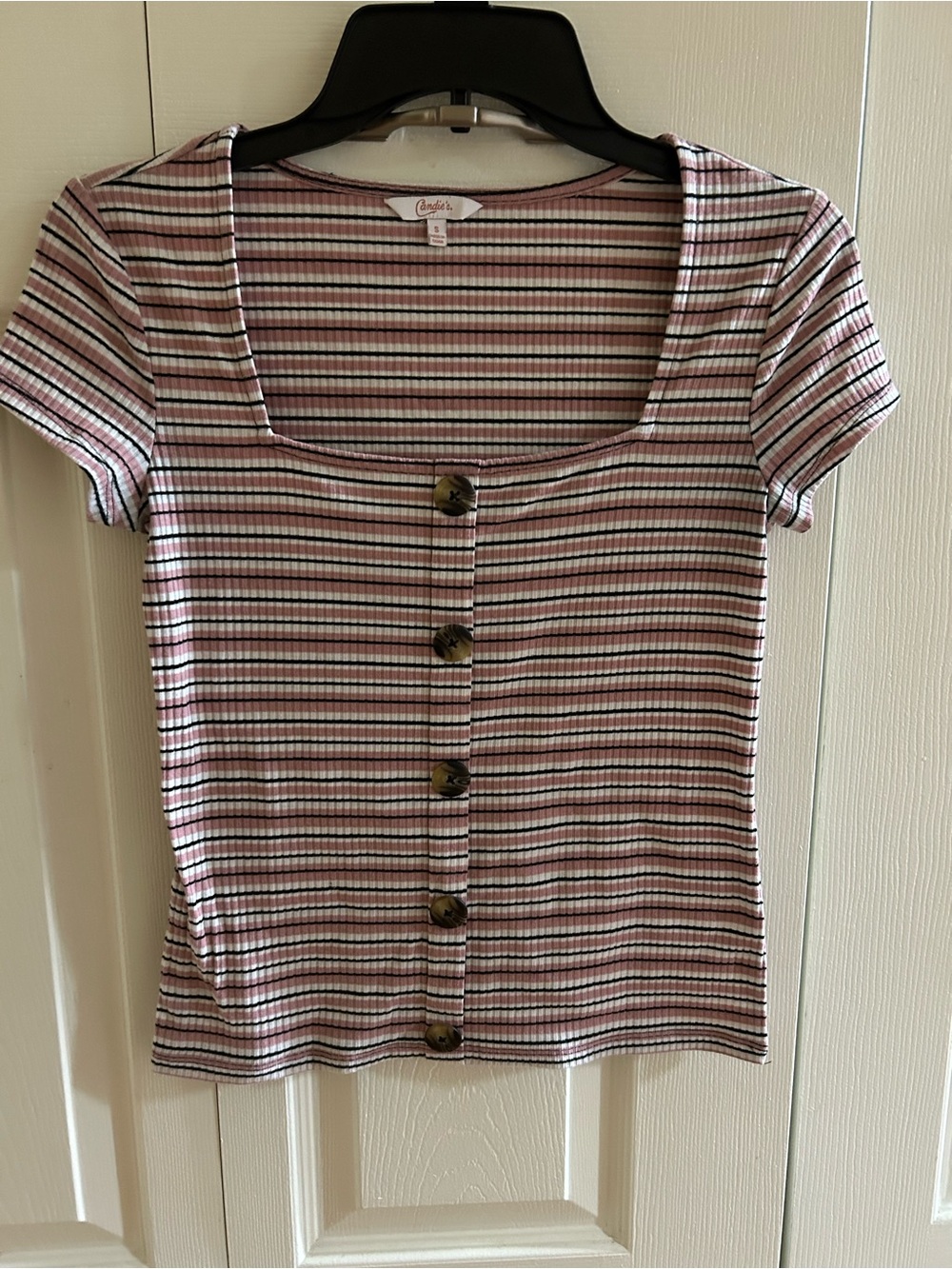 Candie's Pink Striped Square-Neck Button-Up Top
